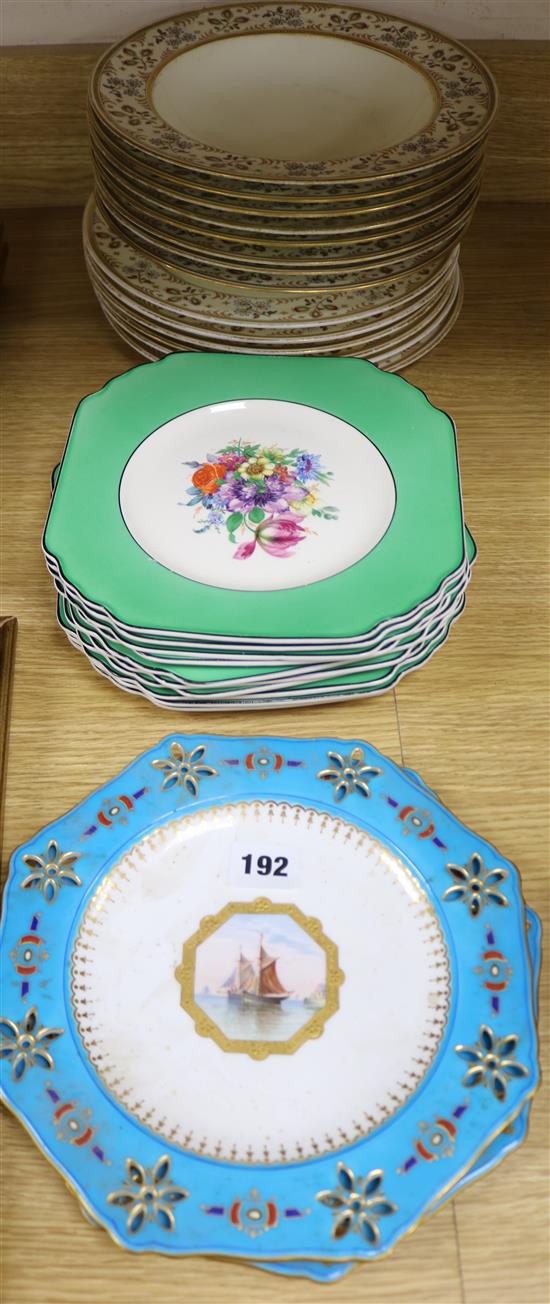 A pair of Minton plates, a part dinner service and dessert ware